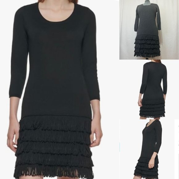 Calvin Klein Dresses & Skirts - Calvin Klein Sz L Dark Heather Grey 3/4 Sleeves Crew Neck Fringe Sweater Dress